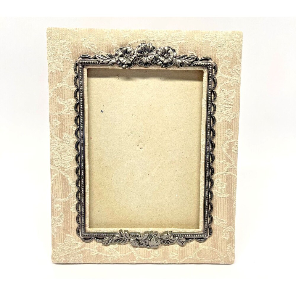 Vintage Russ Berrie 5x7 Fabric Pewter Floral Photo Frame with Tag-Tabletop